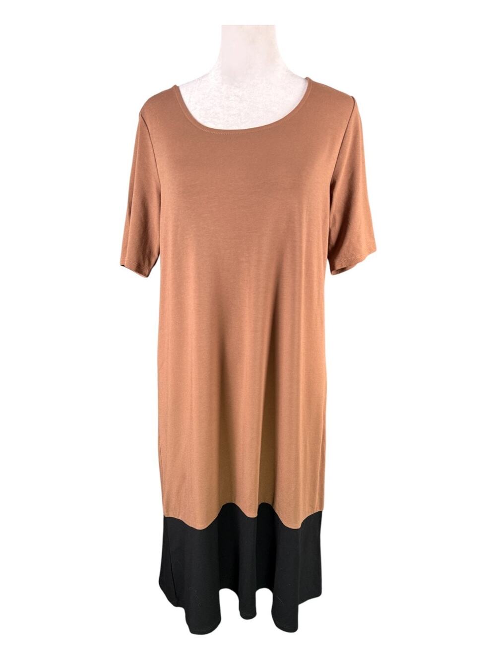 J. Jill S Wearever Bordered Elliptical Shift Dress Brown Black Elbow Sleeve